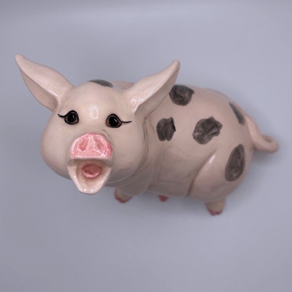 Vintage Ceramic Spotted Pig Figurine Pink Grey Sow Statue Farmhouse Decor 10in